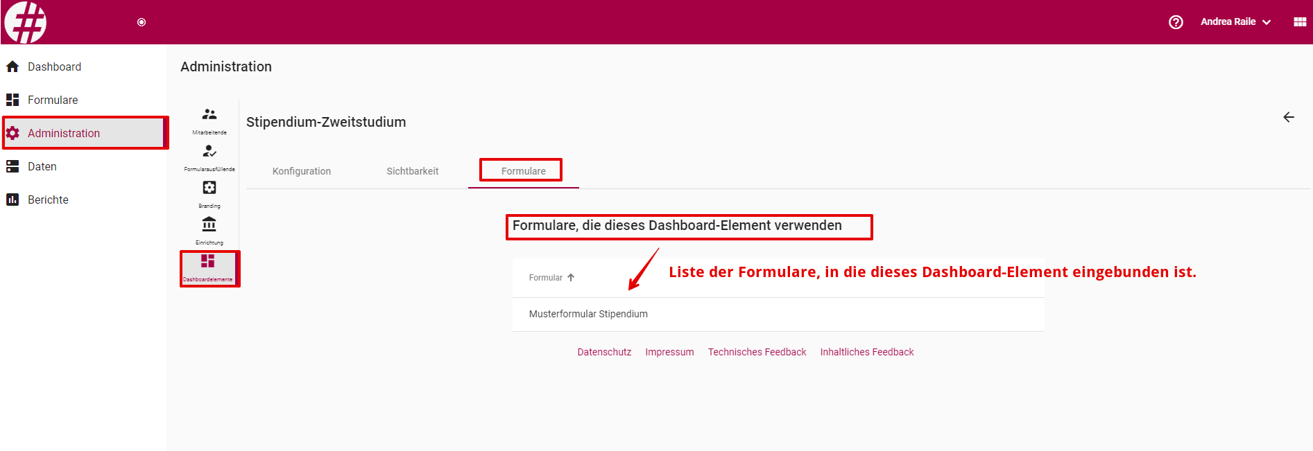 allgemeine einstellungen dashboardelement formulare