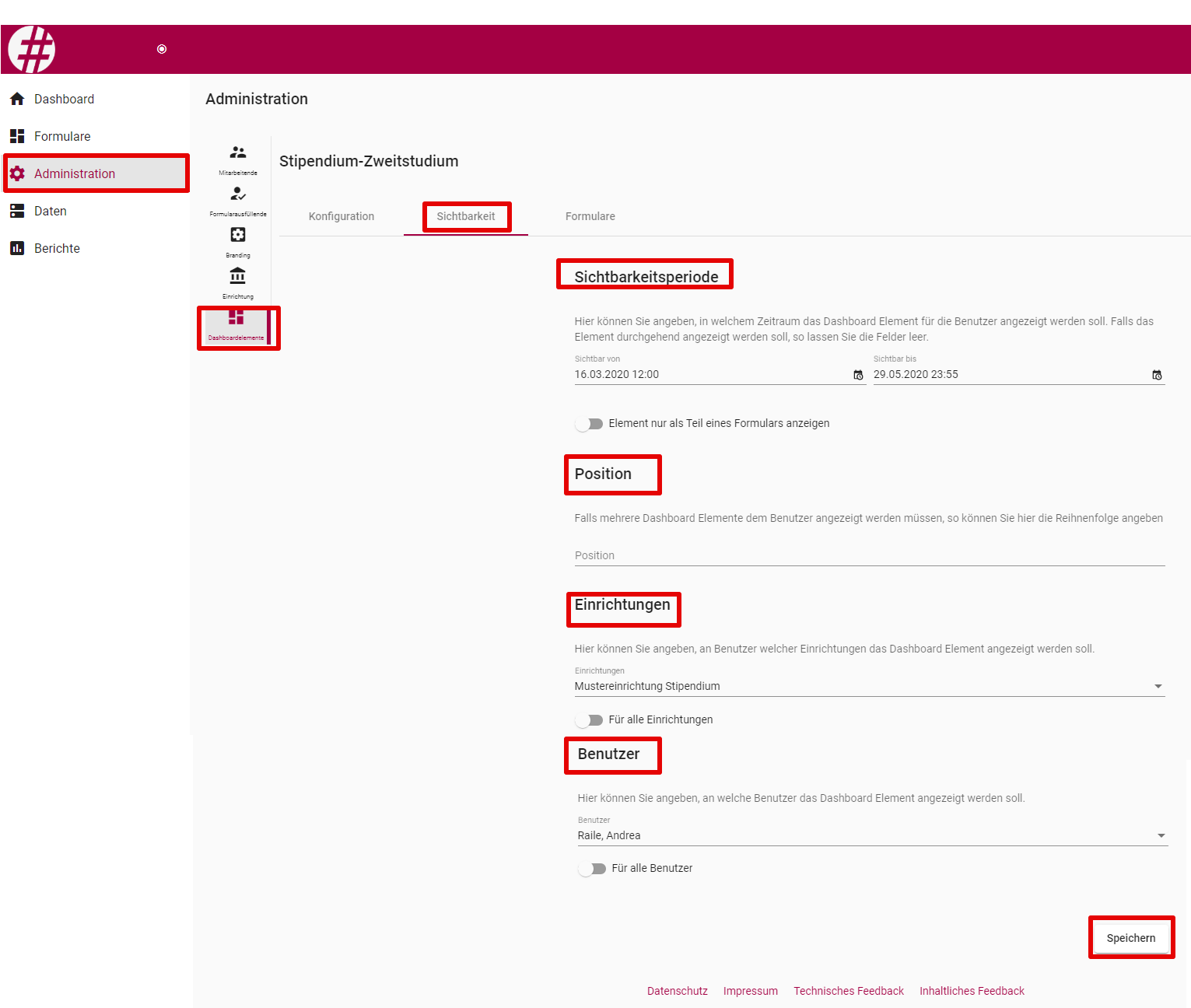 allgemeine einstellungen dashboardelement sichtbarkeit