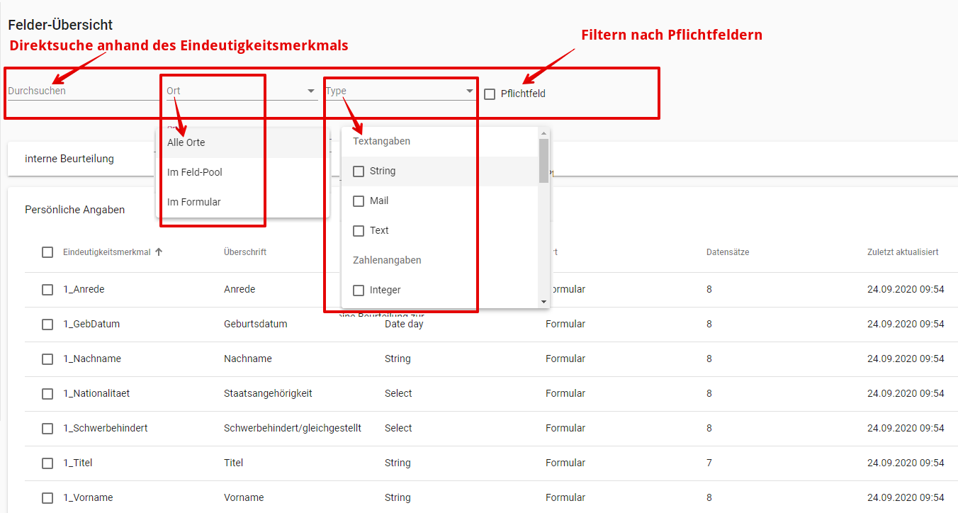 formular erstellen felder filter