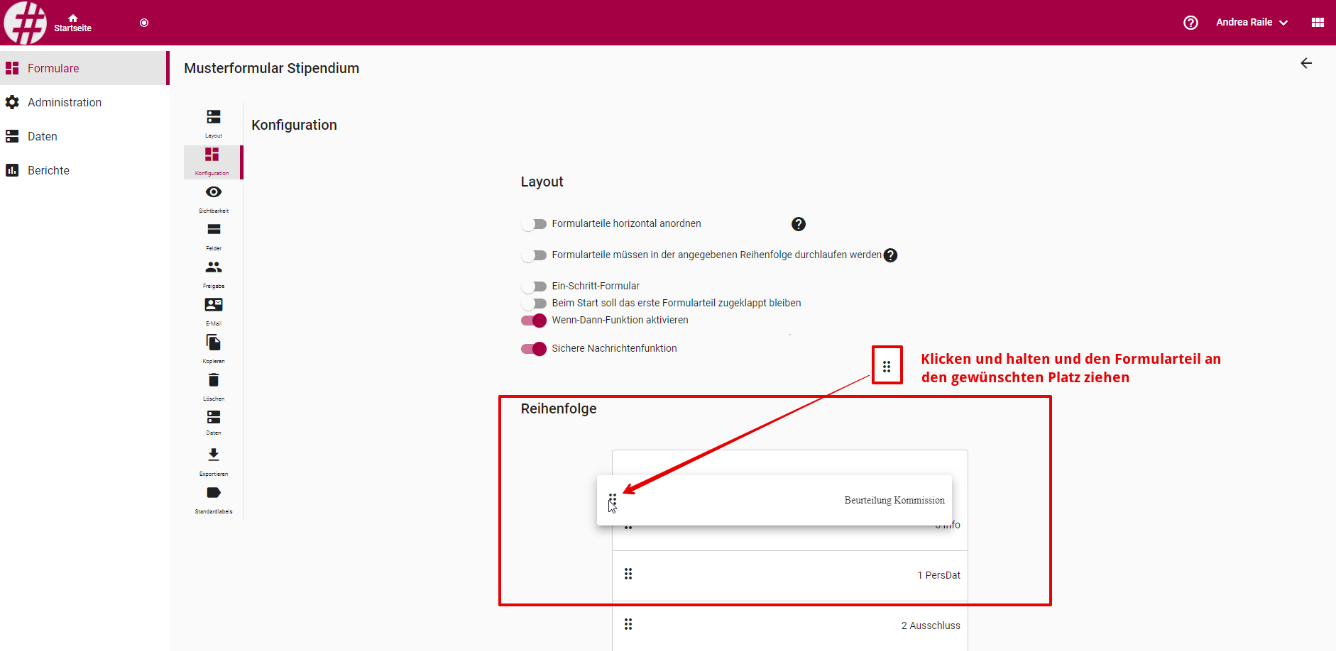 formular erstellen konfiguration reihenfolge