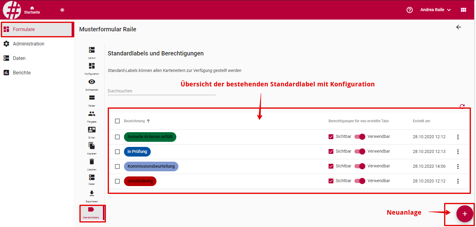 formular erstellen standardlabel uebersicht