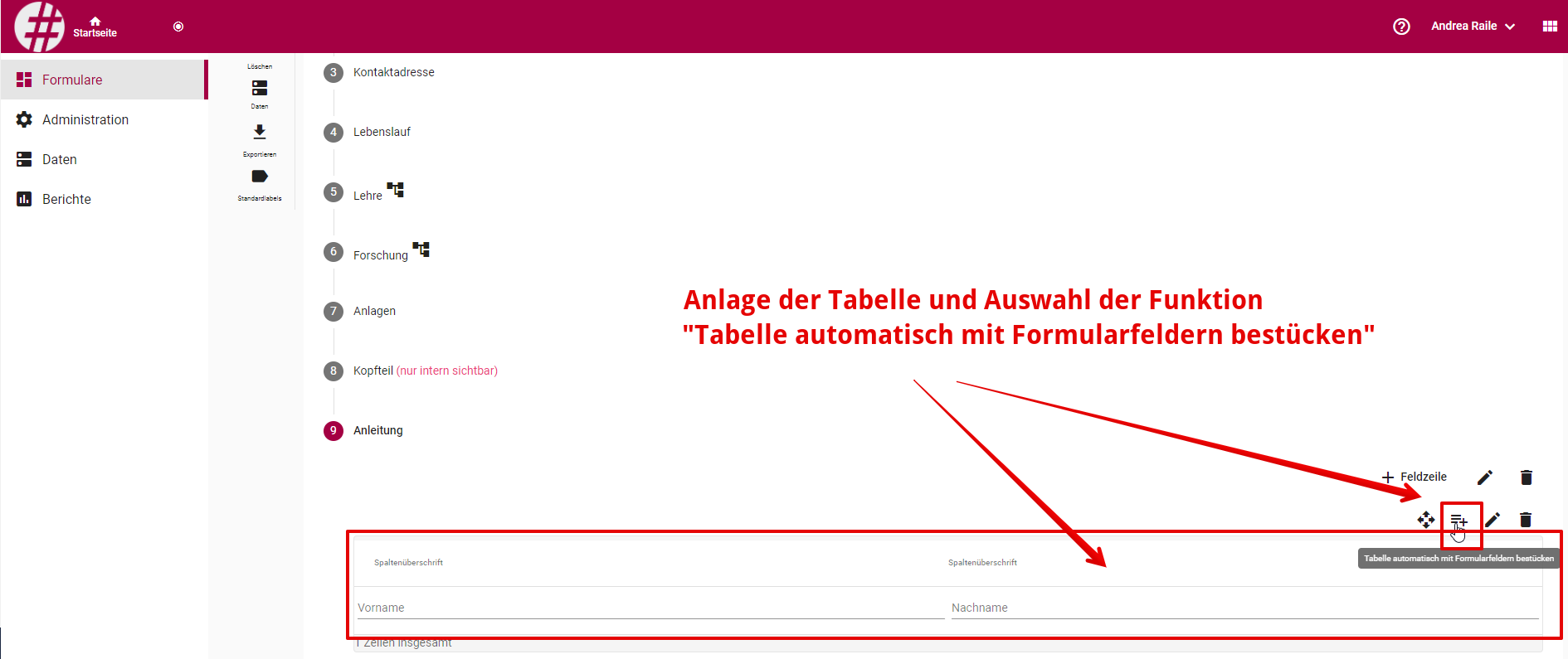 formular erstellen tabelle erweitern