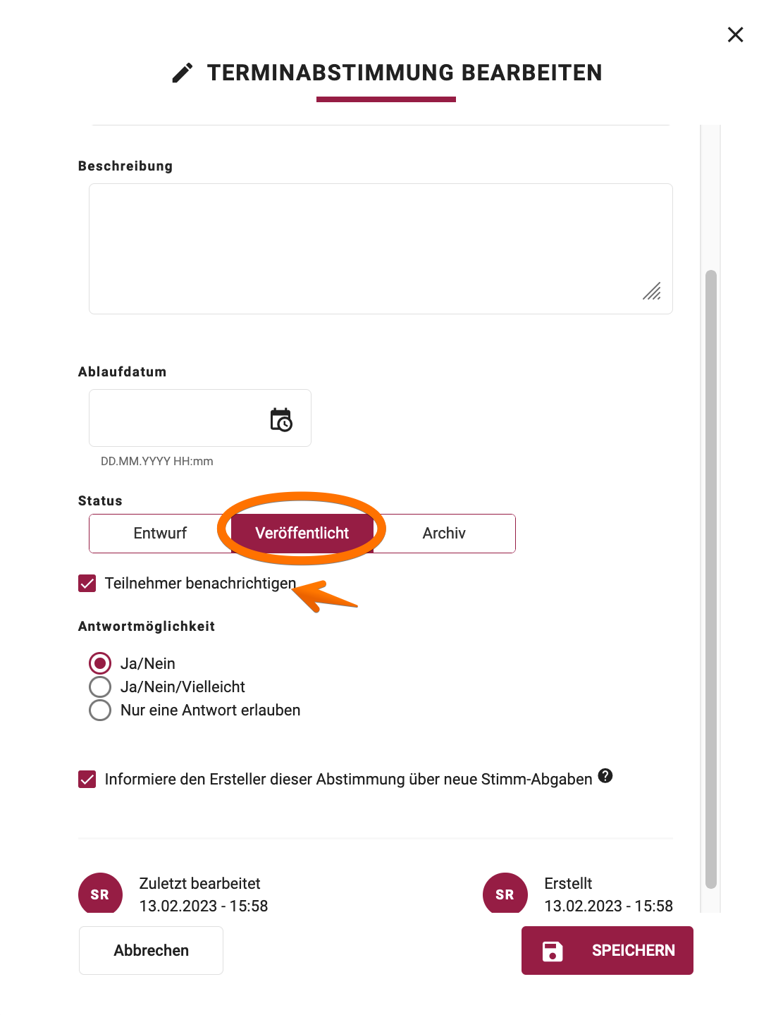 Terminabstimmung veröffentlichen
