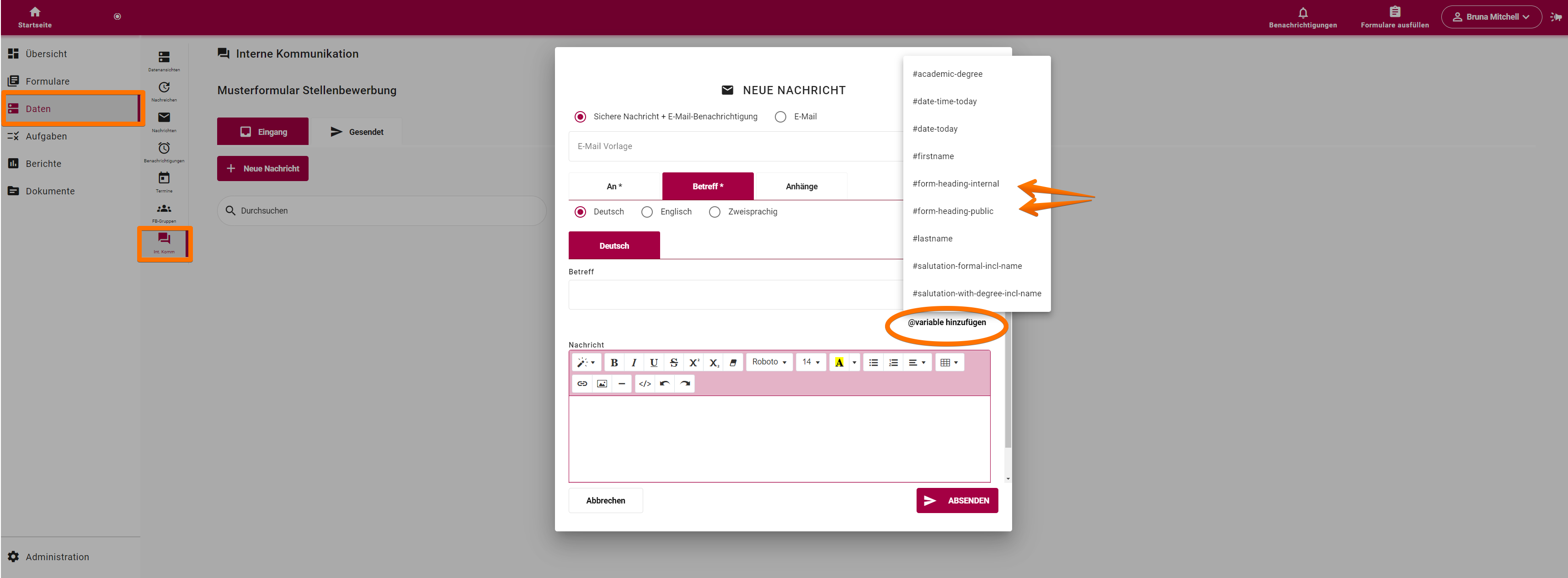 Screenshot der zeigt, wie man Variablen in die Betreffzeile interner Kommunikation integriert