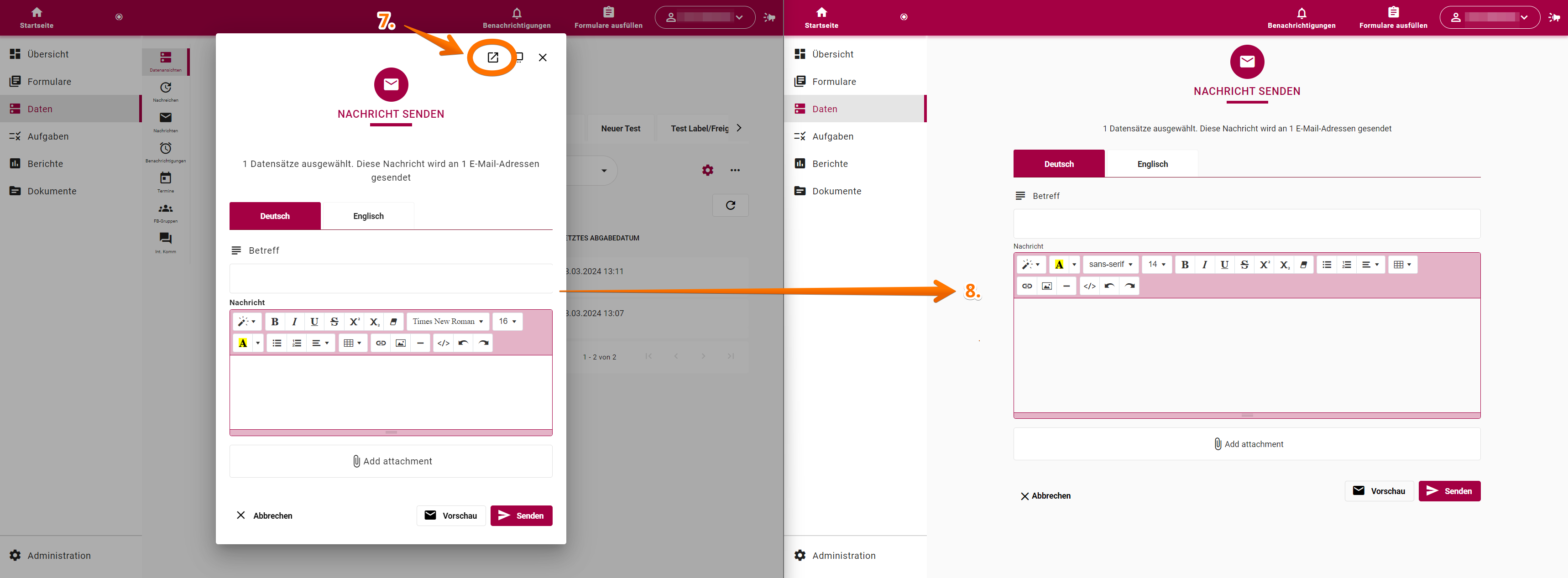 Screenshot der zeigt, wie man das Nachrichtenfenster im Vollbildmodus öffnet - Teil 2