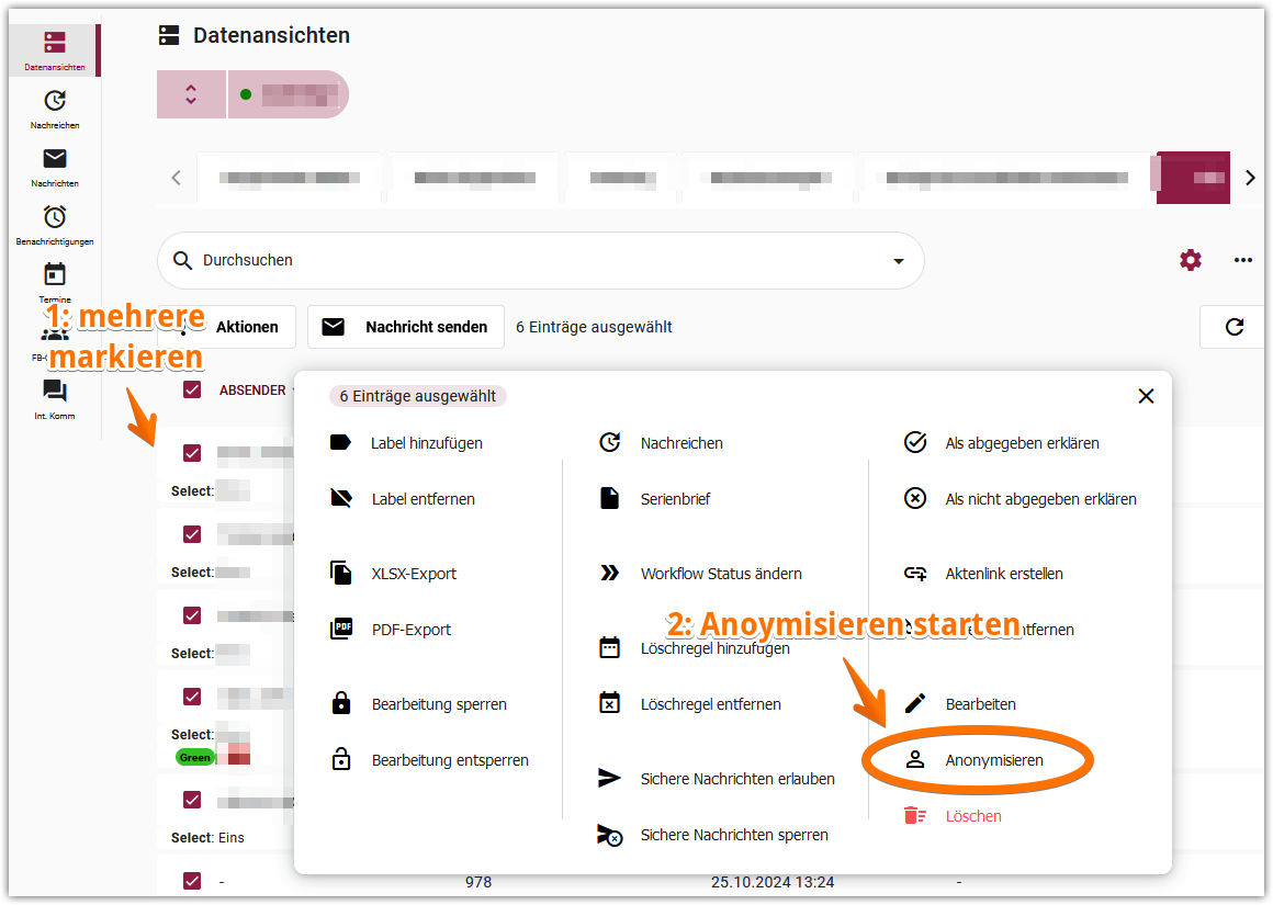 Anonymisierungssfunktion im Aktionsmenü