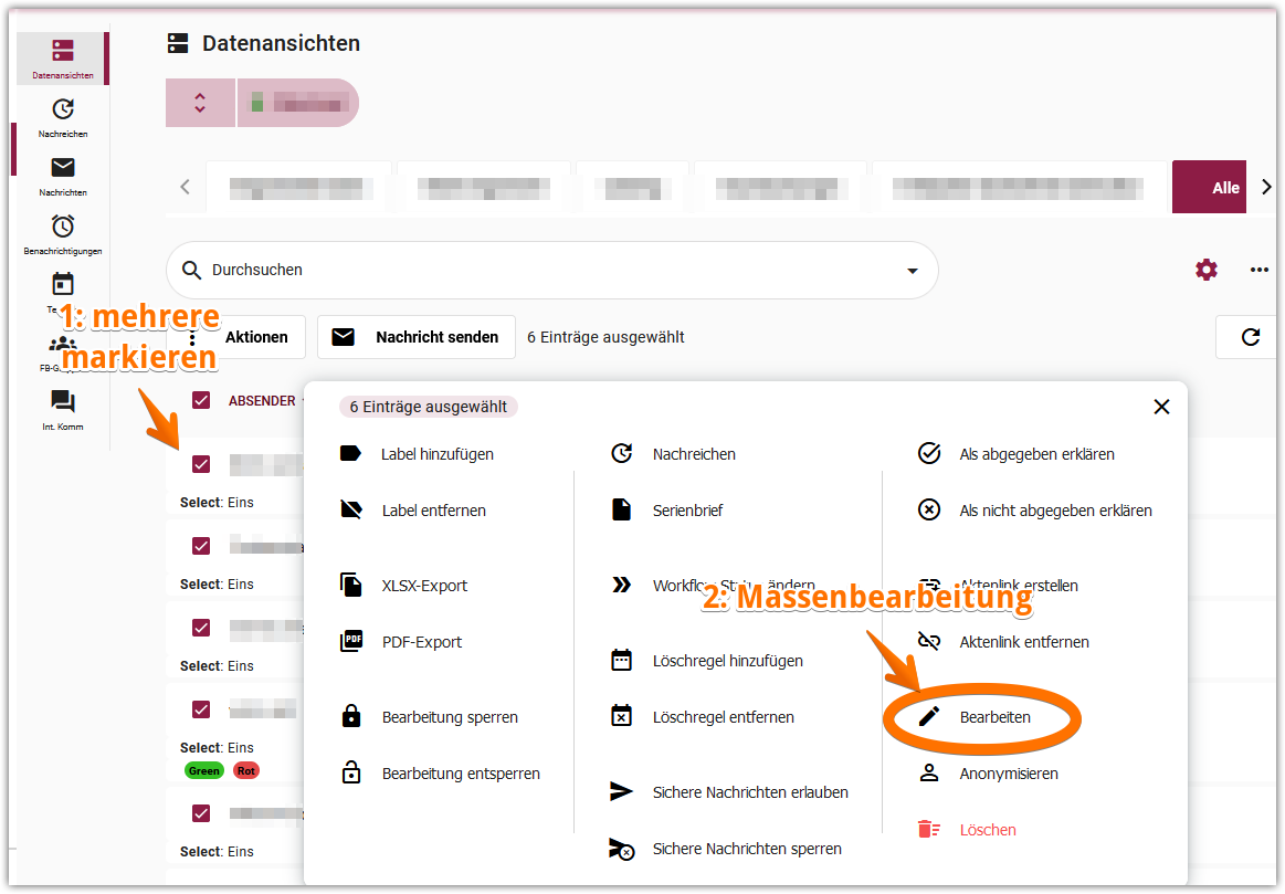 Massenbearbeitungsfunktion im Aktionsmenü