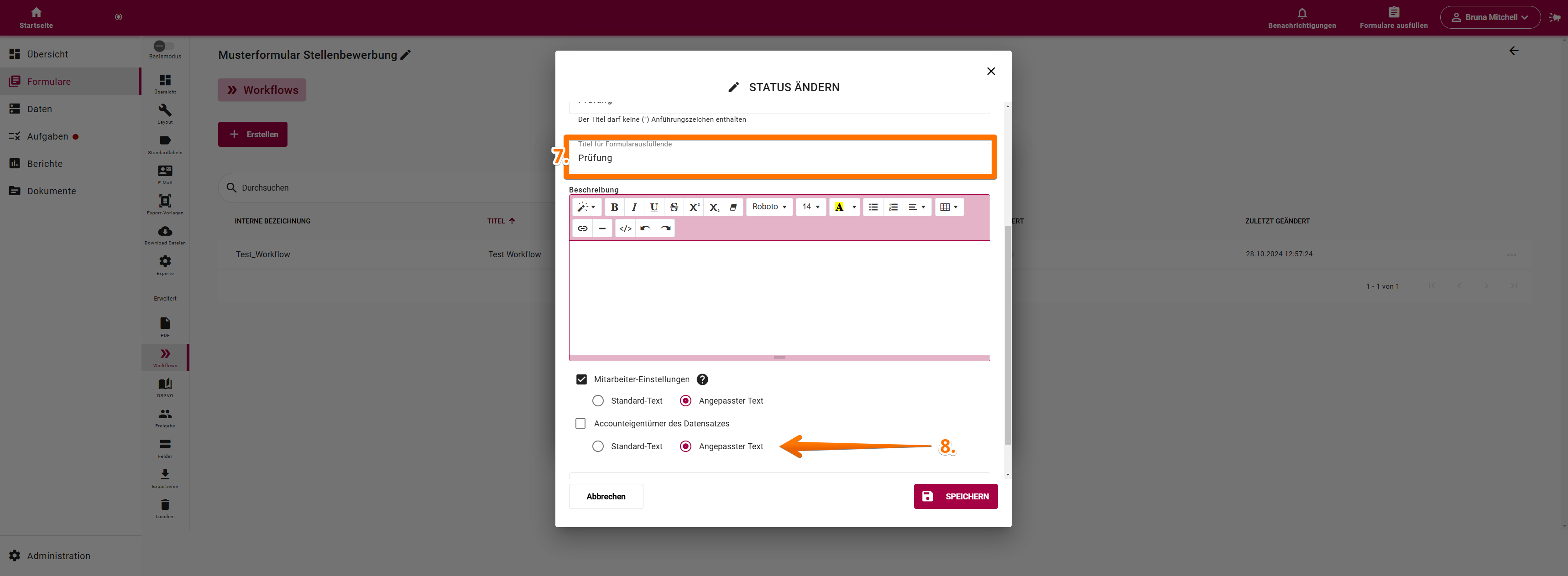 Benachrichtung über den Worflow-Status an Formularausfüller/Bewerber