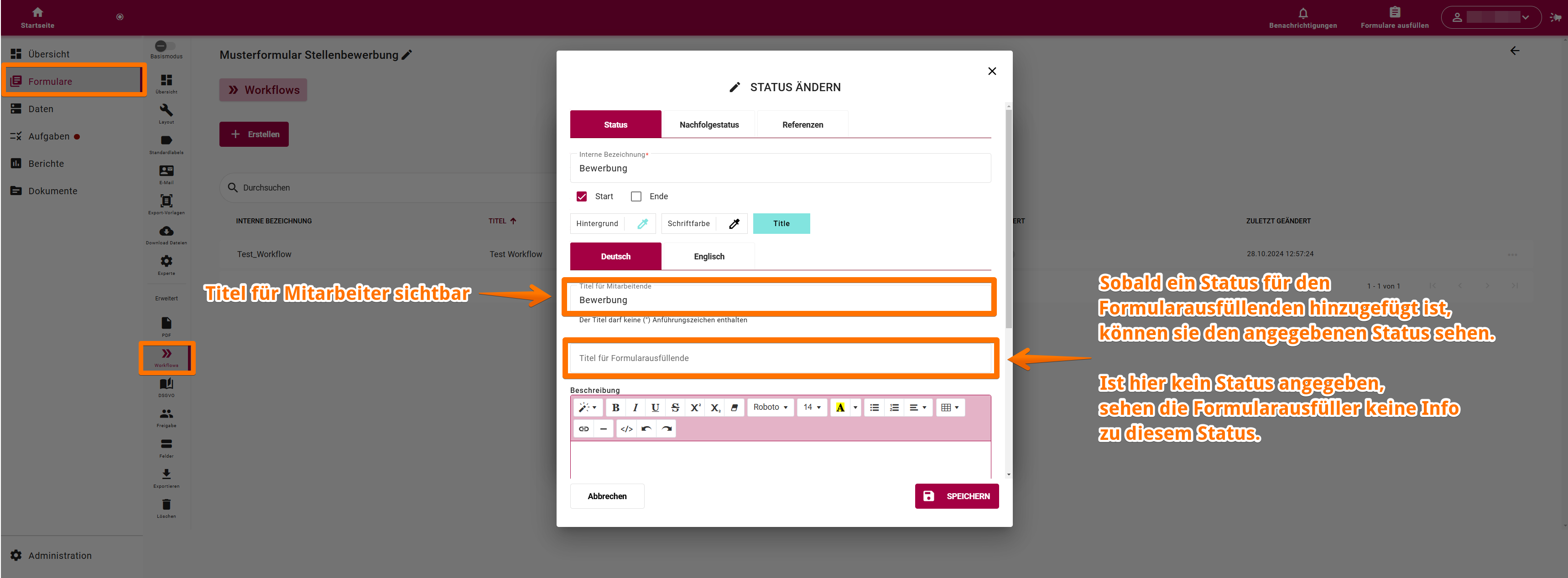 Einstellung der internen und öffentlichen Titel für Workflow-Status